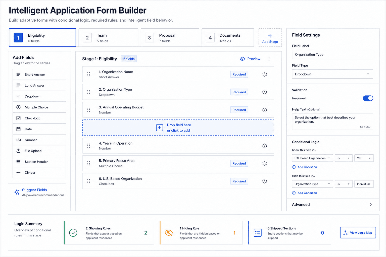 Application form builder feature panel with stages, fields, and conditional logic settings