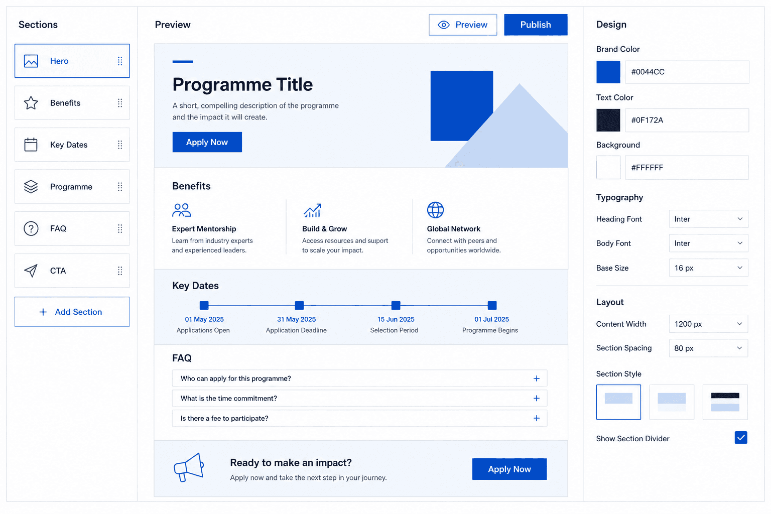 Landing page builder feature panel with section controls and design settings